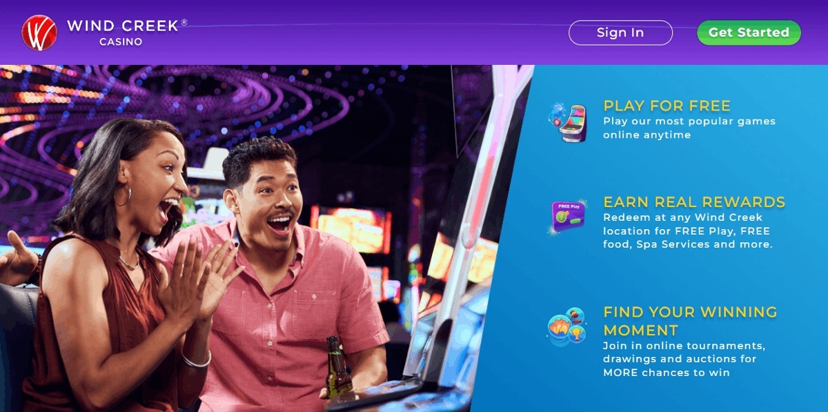 Wind Creek Social Casino homepage highlighting free online play and Wind Creek property rewards